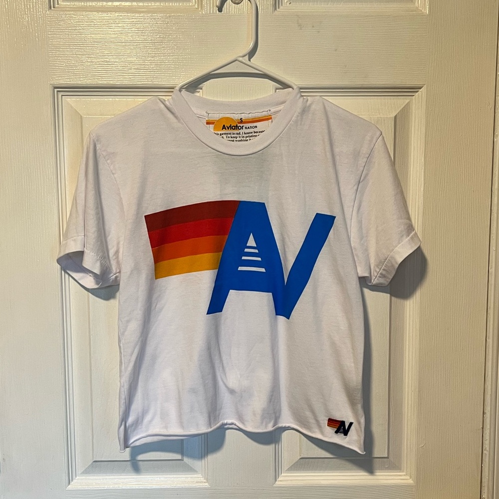 Aviator Nation White Tee with Blue and Red Stripes